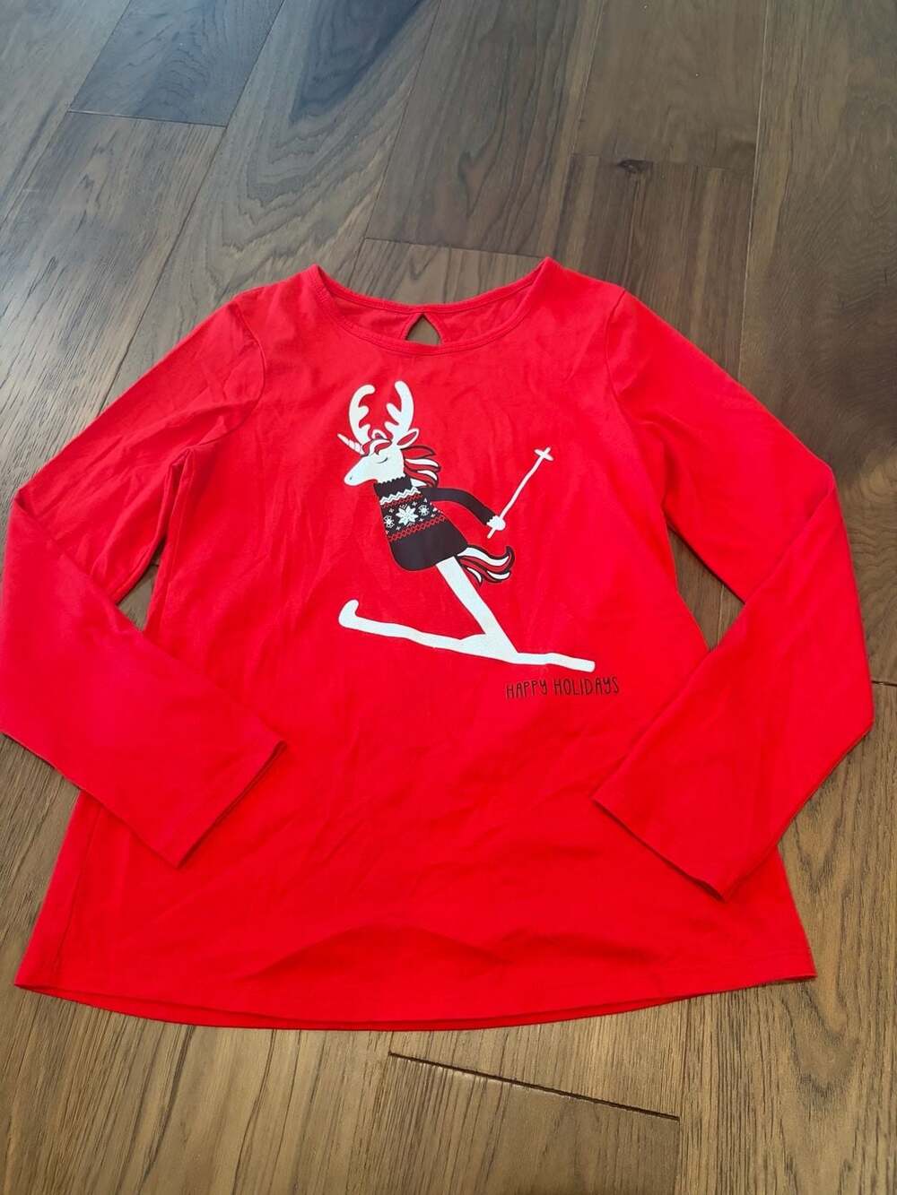 Justice Girls Red Long Sleeve Holiday Skiing Unicorn Reindeer Graphic T-Shirt Si